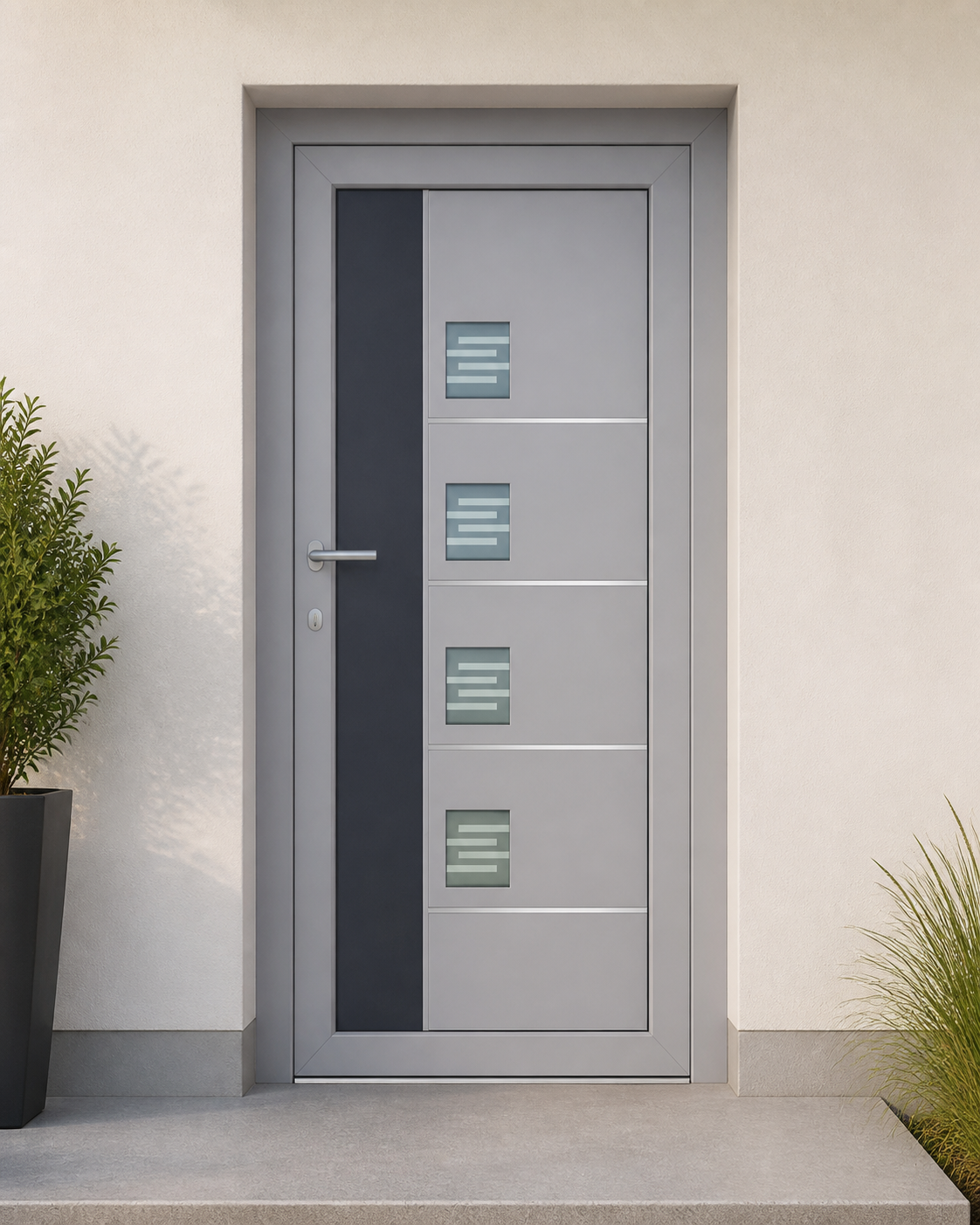 Graue PVC-Haustür mit moderner Dekorfüllung