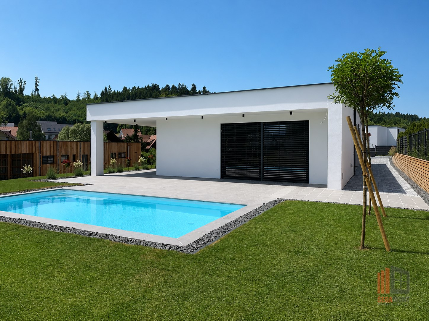Dark external blinds beside a pool